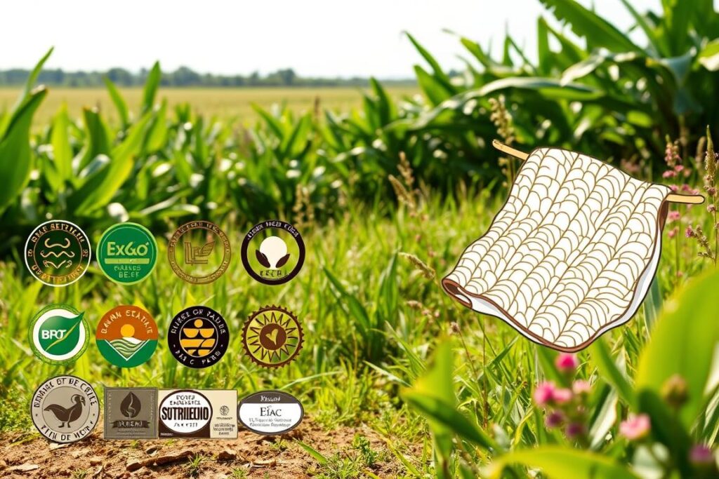 A vibrant landscape showcasing sustainable certifications and eco-seals, set against a backdrop of lush, verdant foliage. In the foreground, an array of certifications and labels in muted, earthy tones stand prominently, conveying a sense of authenticity and environmental responsibility. The middle ground features a stylized, hand-drawn illustration of a banana fiber textile, its intricate patterns and textures reflecting the sustainable production process. In the distance, a sun-dappled field of tall grasses and flowering plants creates a tranquil, nature-inspired atmosphere, underscoring the harmony between agriculture, sustainability, and responsible production.