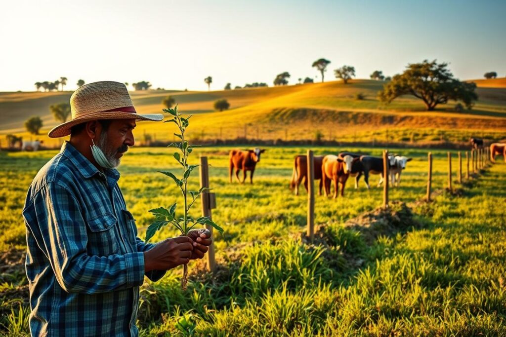 A vibrant pastoral scene depicting the initial investment required to start an ILPF (Integrated Livestock-Forest Production) system. In the foreground, a farmer examines a young tree sapling, contemplating its potential growth. The middle ground showcases newly constructed fencing, signifying the initial infrastructure investment. In the background, a herd of cattle grazes peacefully amid a lush, rolling landscape dotted with mature trees, hinting at the long-term benefits of an ILPF approach. The scene is bathed in warm, golden light, conveying a sense of optimism and the promise of a sustainable agricultural future. The overall composition emphasizes the careful balance between cost, resources, and environmental stewardship inherent in establishing an ILPF system.