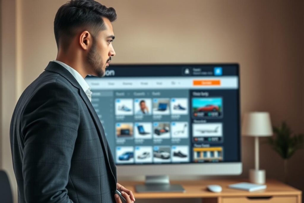 A well-dressed individual stands before a sleek, modern virtual auction platform. The foreground features a focused gaze, a hand hovering over a computer mouse, carefully considering their options. The middle ground showcases the clean, intuitive interface of the auction site, displaying a range of items up for bid. The background subtly suggests an office or workspace, with minimal decor and neutral tones, allowing the virtual auction to take center stage. Warm, natural lighting illuminates the scene, creating a sense of professionalism and thoughtfulness. The overall mood conveys an air of confidence and intentionality as the person navigates the virtual auction, ready to seize new opportunities.