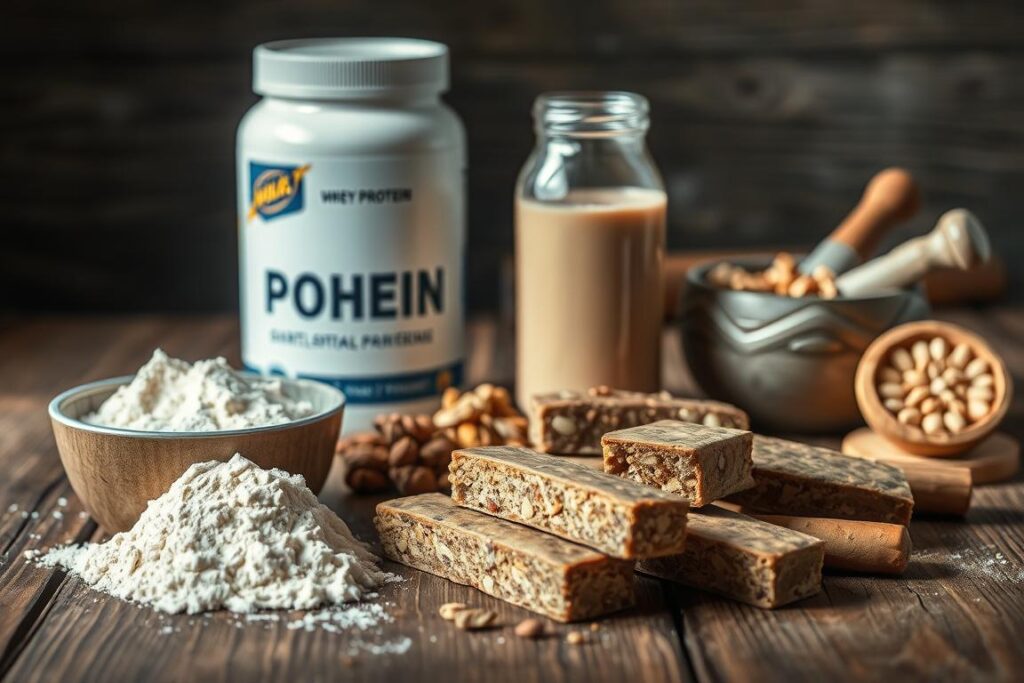 A well-lit close-up shot of various protein supplements laid out on a rustic wooden table. In the foreground, a scoop of whey protein powder, a jar of casein protein, and a handful of protein bars. In the middle ground, a shaker bottle filled with a protein shake and a spoon. In the background, a mortar and pestle with crushed nuts and seeds, representing natural protein sources. Soft shadows and highlights create a warm, natural atmosphere, emphasizing the quality and versatility of the protein supplements. The overall composition conveys the idea of a balanced, nutritious supplementation routine to support active lifestyles.
