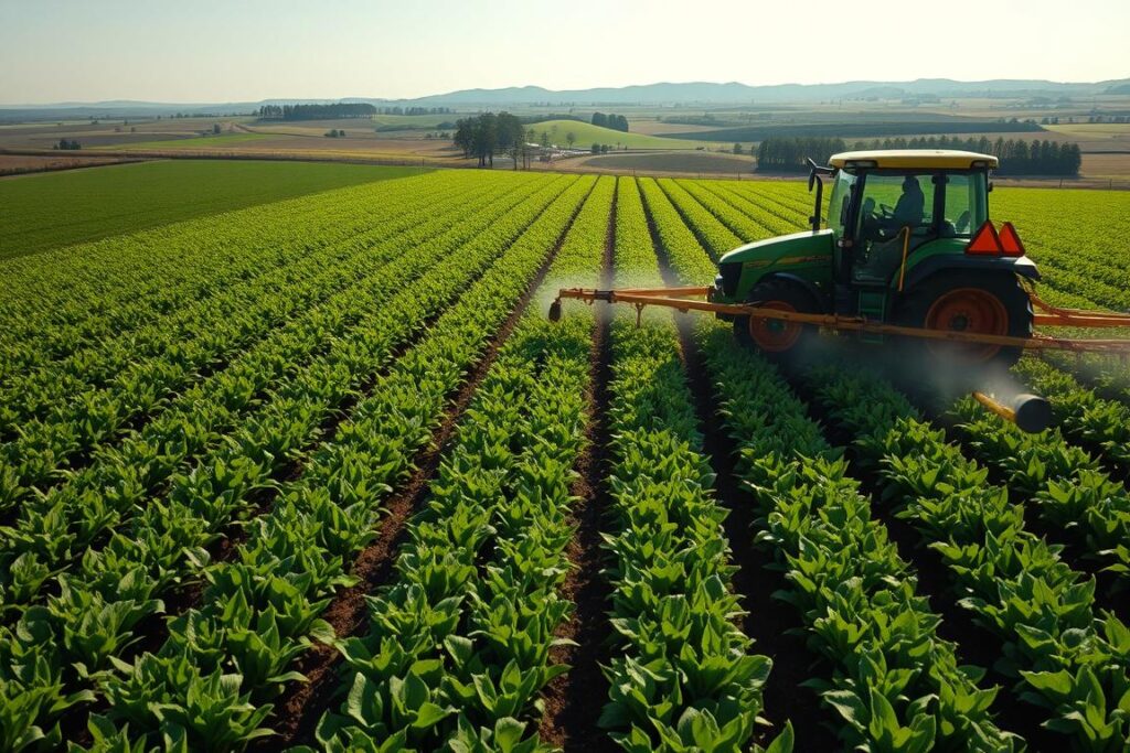 A well-lit, high-resolution aerial view of a lush, verdant agricultural field showcasing the process of precision fertilization. In the foreground, a modern agricultural vehicle meticulously applies fertilizer, its precise movements guided by advanced sensors and GPS technology. The middle ground reveals rows of healthy, vibrant crops, each receiving the optimal nutrient balance. In the background, a panoramic vista of rolling hills and clear skies, creating a serene, productive atmosphere. The scene conveys the efficiency and sustainability of precision farming techniques, highlighting the success of this innovative approach to reducing costs and optimizing crop yields.