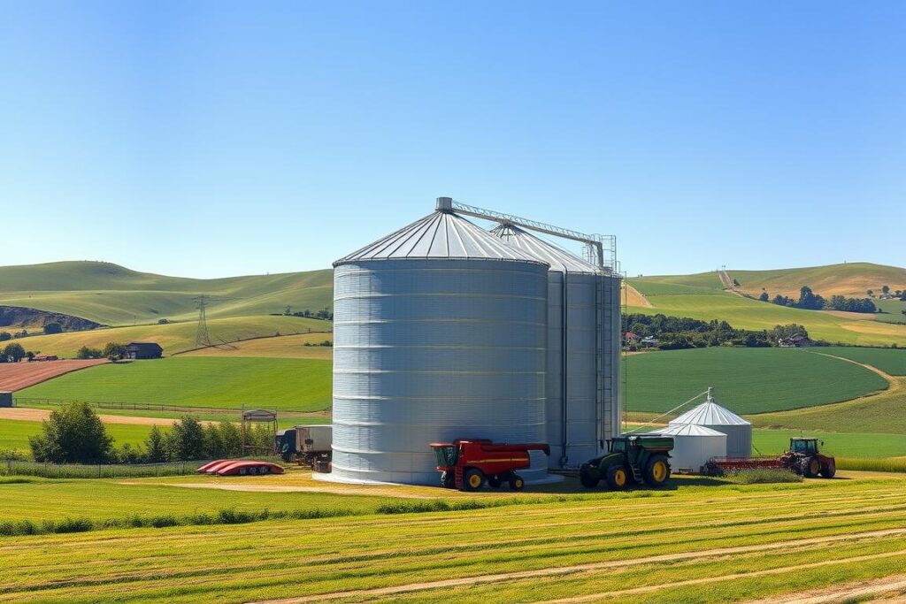 A well-lit, high-resolution image of a modern grain silo setup on a farmland. The silo stands prominently in the foreground, its cylindrical steel structure gleaming in the sunlight. In the middle ground, there is a combine harvester, a tractor, and other farm equipment, suggesting an active agricultural operation. The background features rolling hills, lush green fields, and a clear blue sky, creating a picturesque rural landscape. The scene conveys a sense of efficiency, investment, and the importance of on-farm storage solutions for the agricultural industry.