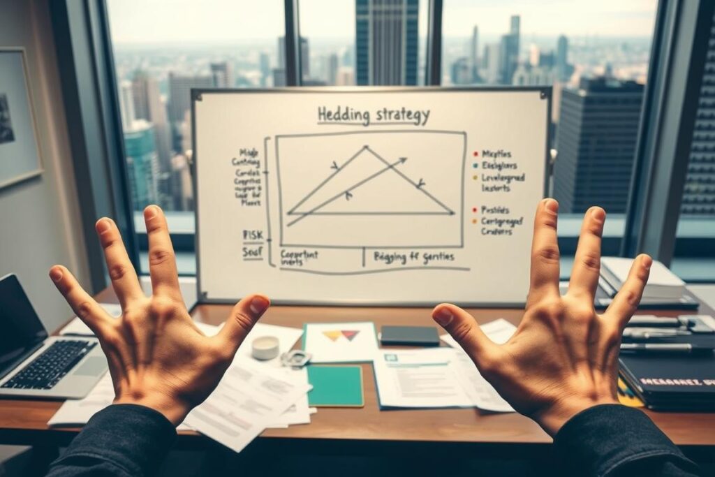 A well-lit office setting with a desk, laptop, and various financial documents scattered across the surface. In the foreground, a person's hands gesture emphatically, highlighting common errors in hedging practices, such as misaligned contracts, overleveraged positions, and inadequate risk management. The middle ground features a large whiteboard displaying a complex hedging strategy diagram, partially obscured by the gesturing hands. The background showcases a panoramic view of the bustling financial district, conveying the high-stakes nature of the topic. The overall mood is one of concern and concentration, with a focus on preventing costly missteps in hedging operations.