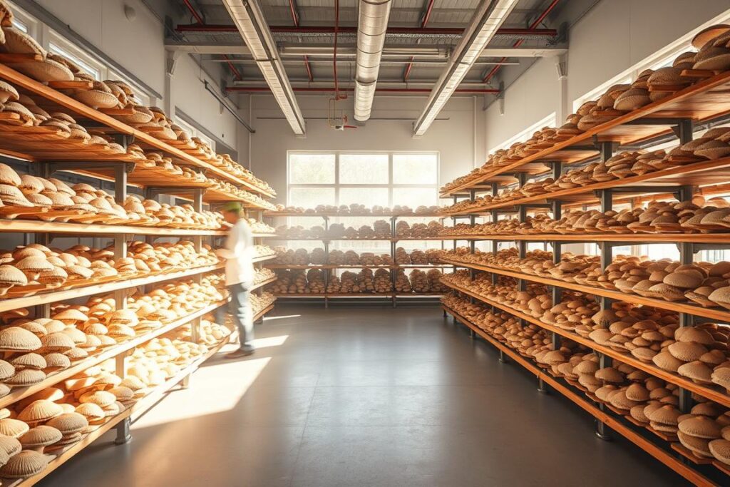 A well-lit, spacious indoor mushroom farm, with rows of wooden shelves filled with growing oyster, shiitake, and lion's mane mushrooms. The shelves are arranged in a clean, organized manner, with mist gently diffusing through the air, creating a serene, humid atmosphere. The lighting is a combination of warm, natural sunlight filtering through windows and strategic overhead lighting, illuminating the mushrooms' delicate caps and stems. The floor is made of a smooth, easy-to-clean material, and the walls are painted in a neutral, calming color palette. The overall scene conveys a sense of expertise, efficiency, and the natural beauty of cultivated edible mushrooms.