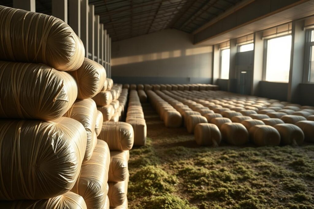 A well-lit, spacious storage facility for silage, filled with neatly stacked bales of forage. The foreground showcases a stack of cylindrical silage bales, their tightly wrapped plastic sheeting glistening in the soft, even lighting. In the middle ground, an array of silage bales are arranged in orderly rows, casting long shadows that suggest the late afternoon sun. The background features the interior of the storage structure, with high ceilings and solid concrete walls, creating a sense of security and preservation for the valuable forage. The overall atmosphere conveys a sense of efficient, climate-controlled storage, designed to maintain the quality and freshness of the silage for the high-performance livestock herd.
