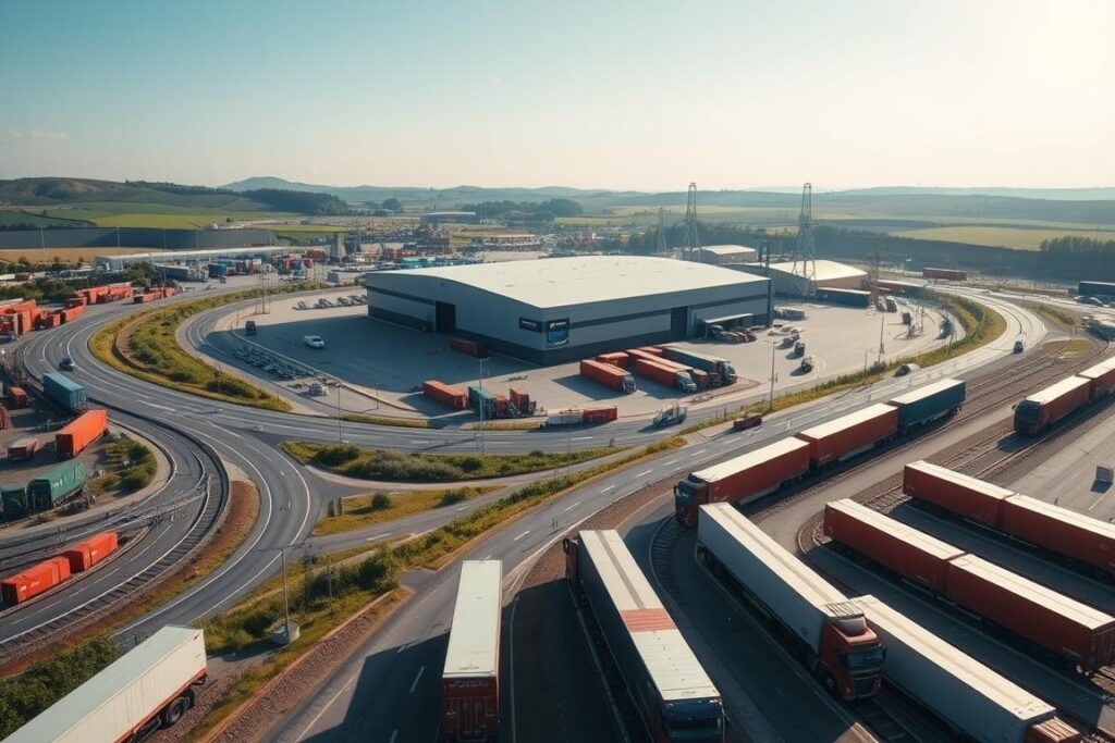 A well-lit, wide-angle photograph of a modern logistics hub, with a large warehouse in the middle ground surrounded by a network of roads, railways, and shipping containers. In the foreground, a fleet of semi-trucks and cargo trains efficiently transporting goods. The background features a gently rolling countryside with lush greenery. The overall scene conveys a sense of streamlined, cost-effective logistics, with a focus on transportation optimization and sustainability.