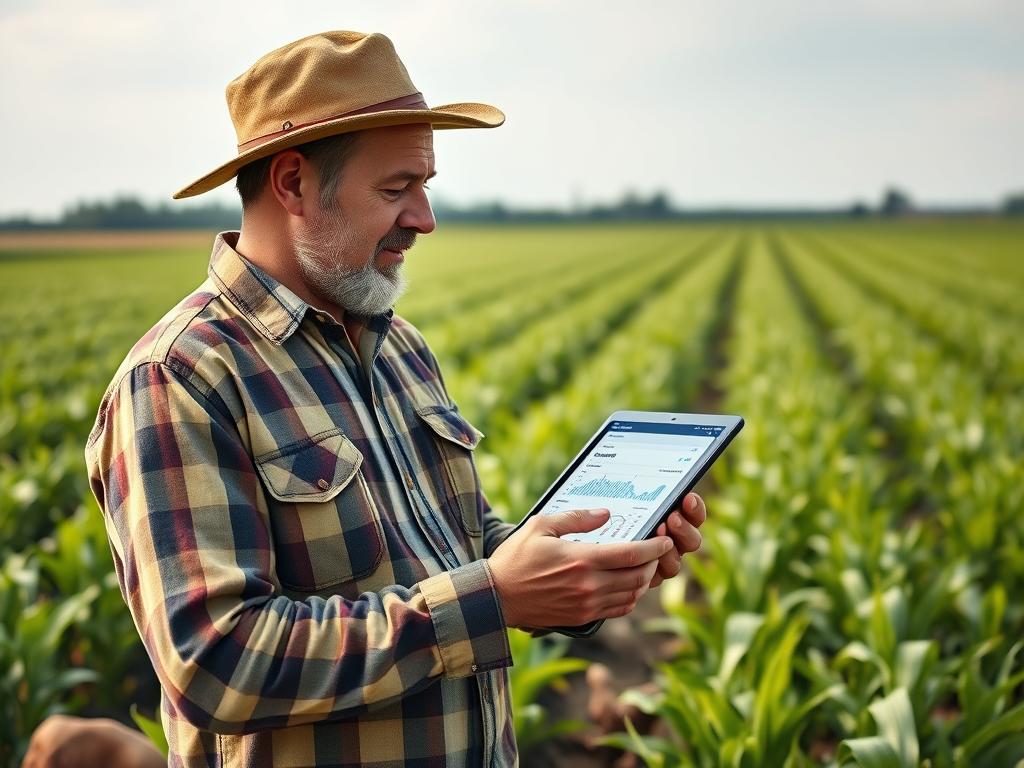 Agricultor analisando dados financeiros e de produção em um tablet enquanto está no campo