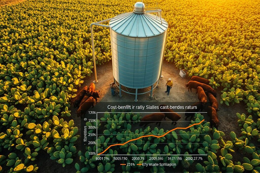 An aerial view of a thriving livestock farm, where lush fields of prickly pear cacti dominate the landscape. In the center, a large silo stands tall, its metallic surface glistening in the warm sunlight. Farmers meticulously monitor the silage processing, ensuring optimal nutritional value and palatability for the herd of high-performance cattle grazing nearby. In the foreground, a detailed chart outlines the economic analysis, highlighting the cost-benefit ratio of this innovative forage solution. The scene conveys a sense of productivity, sustainability, and the careful consideration of both financial and agricultural factors in the successful implementation of prickly pear silage.