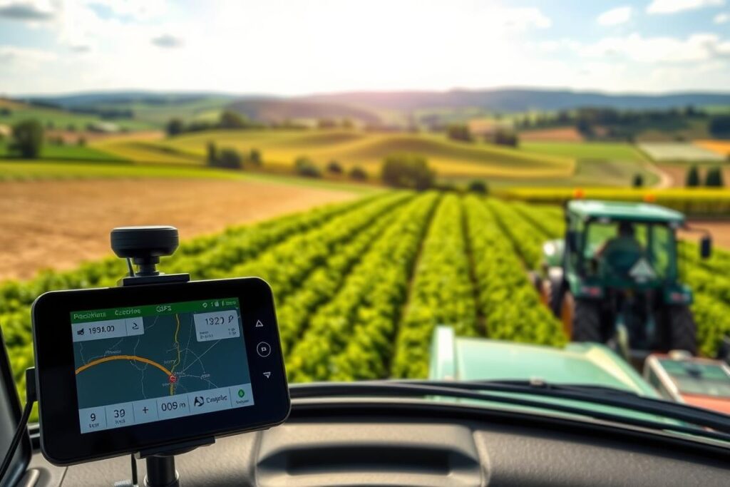 An agricultural GPS tracking system for machinery, showcasing a detailed view of the dashboard display, with a clear and crisp interface displaying real-time positioning, speed, and route information. The foreground depicts the device mounted securely within the cab, while the middle ground reveals the tractor or harvester in operation, surrounded by lush, verdant farmland. The background captures the expansive countryside, with rolling hills and a vibrant, sun-dappled sky, conveying a sense of rural tranquility and precision farming technology seamlessly integrated into the landscape.
