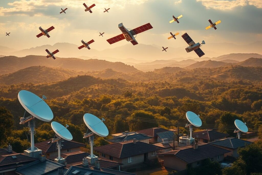 An expansive and technologically-advanced scene depicting the future expansion of Starlink internet satellite coverage across the Brazilian countryside. In the foreground, a cluster of sleek, white Starlink dishes stand atop rural homes, connected by glowing fiber-optic cables. In the middle ground, a constellation of Starlink satellites orbits overhead, their solar panels shimmering in the warm, golden sunlight. The background showcases the lush, rolling hills and verdant forests of the Brazilian landscape, hinting at the vast areas that will soon be blanketed by high-speed, low-latency Starlink connectivity. The scene conveys a sense of progress, connectivity, and the bridging of the digital divide, all within a naturalistic, picturesque Brazilian setting.