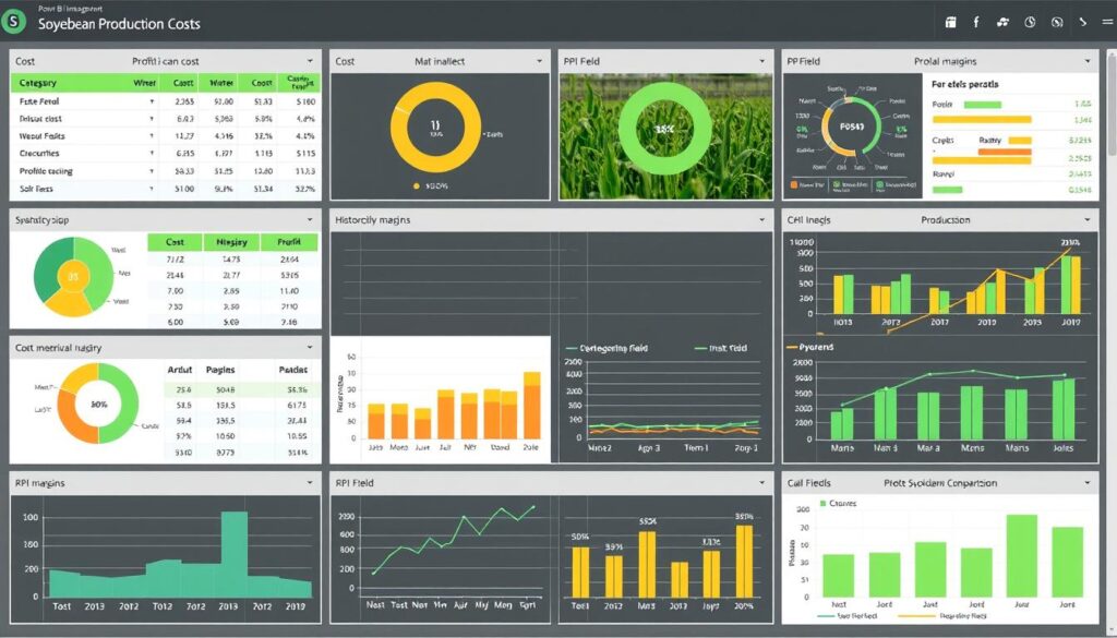 Dashboard completo de custos e margens para produção de soja no Power BI