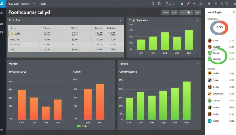 Dashboard de Power BI mostrando análise de custos agrícolas com gráficos de margens por cultura