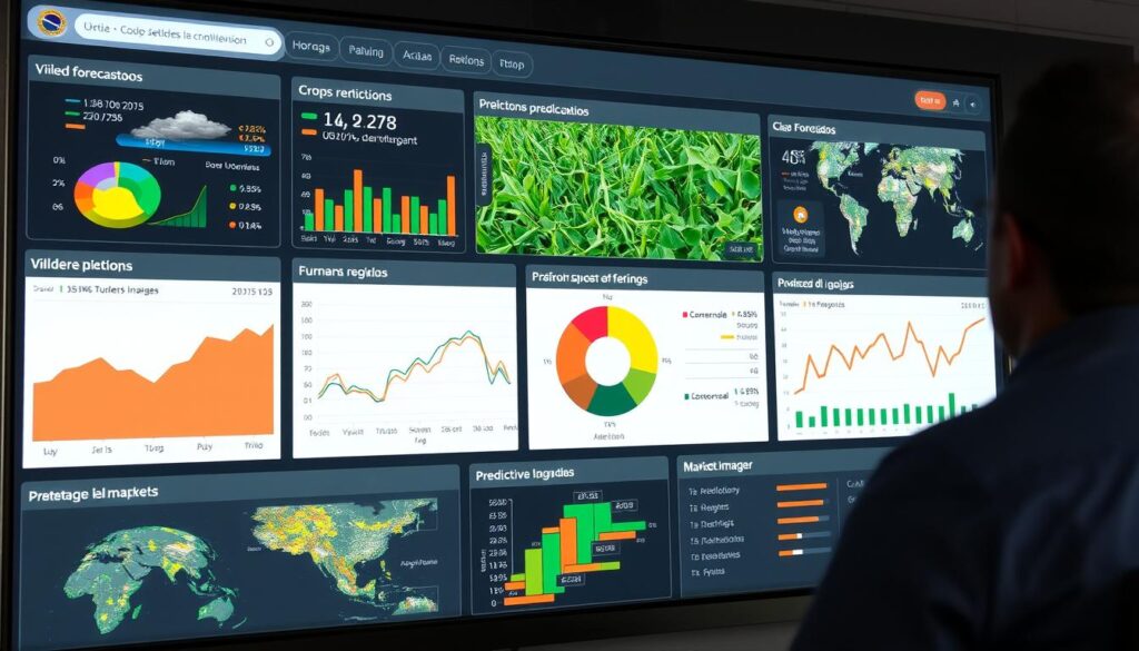 Dashboard de análise de big data agrícola mostrando previsões de safra e tendências de mercado