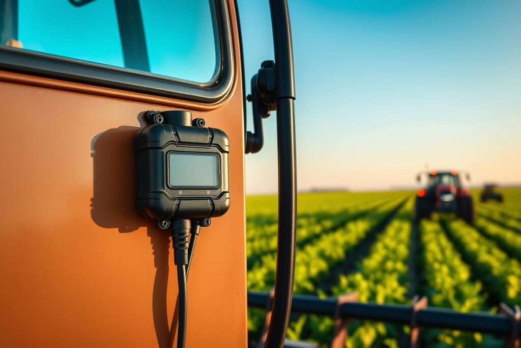 Detailed image of a rugged, weatherproof GPS tracking device mounted on the side of an agricultural machine, such as a tractor or combine harvester. The device is sleek and low-profile, blending seamlessly with the machine's exterior. It is securely fastened with heavy-duty brackets, designed to withstand the rigors of outdoor use. The scene is set against a backdrop of a lush, green field, with the machine operating in the distance. The lighting is natural and even, casting a warm, golden glow across the scene. The overall impression is one of durability, reliability, and integration - the GPS tracker is an essential, well-engineered component of the machine, providing valuable anti-theft protection in the field.