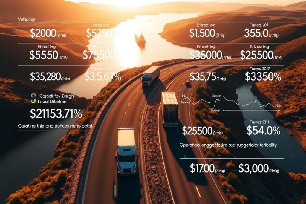 Detailed side-by-side comparison of truck and barge transportation costs. Expansive river landscape with cargo vessels and semi-trucks on a winding road. Warm, golden lighting illuminates the scene, highlighting the scale and logistics of each mode. Precise technical diagrams overlay the image, displaying key metrics like fuel efficiency, operating expenses, and delivery timelines. Conveying the complex tradeoffs between overland and waterborne freight, inviting the viewer to weigh the comparative advantages. Crisp, photorealistic rendering with a balanced composition that draws the eye to the central transport modes.
