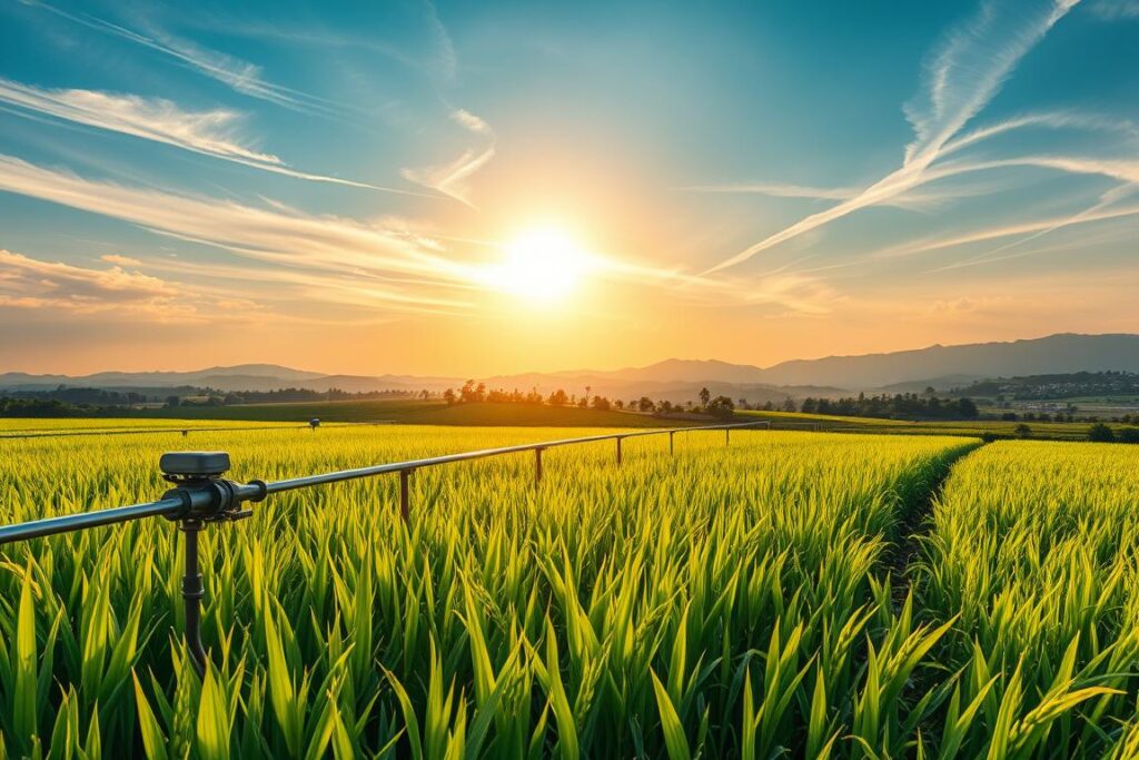 Detailed technical illustration of innovative rice cultivation techniques, showcasing a lush, verdant rice paddy field. Sunlight filters through wispy clouds, casting a warm, golden glow over the scene. In the foreground, intricate irrigation systems and specialized farming equipment are displayed, highlighting the advanced methodologies. The middle ground features thriving rice plants, their leaves gently swaying in a light breeze. In the background, a picturesque landscape unfolds, with rolling hills and distant mountains providing a scenic backdrop. The composition emphasizes the harmony between cutting-edge technology and the natural beauty of the environment, reflecting the potential for sustainable, high-yield rice production.