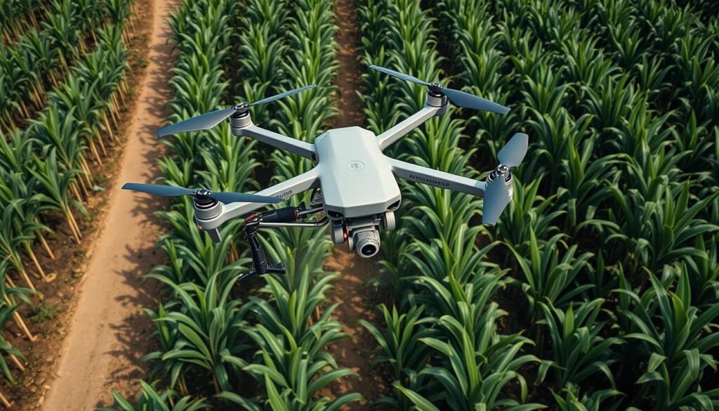 Drone agrícola sobrevoando uma plantação para monitoramento e pulverização de precisão