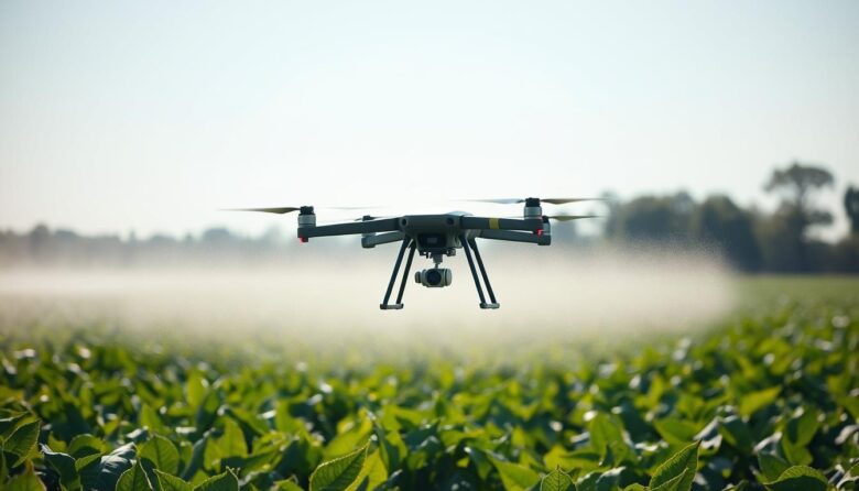 Drone aplicando inseticida em uma plantação de soja com precisão