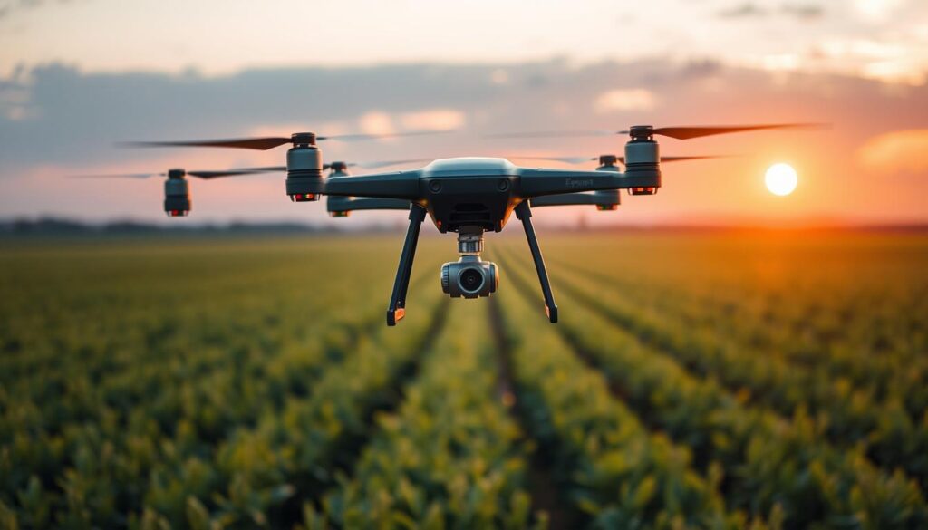 Drone sobrevoando plantação com tecnologia avançada de aplicação de inseticida