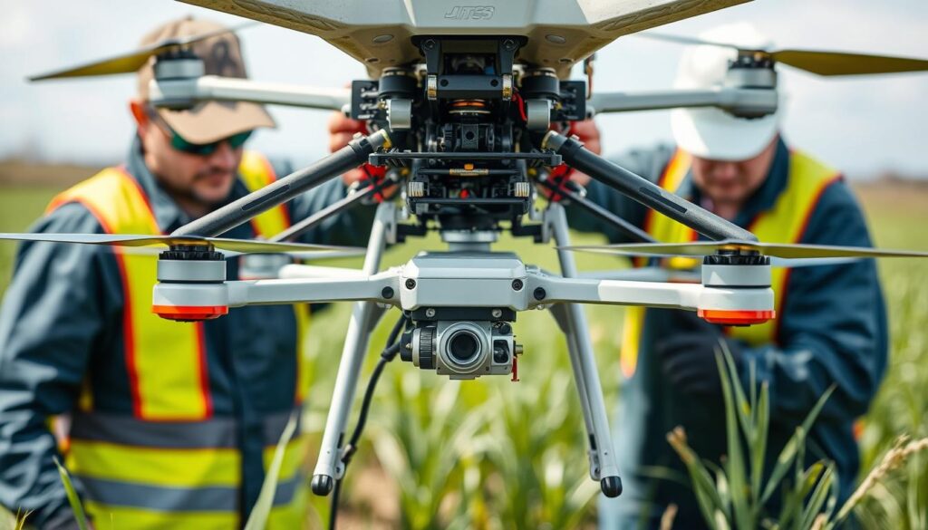 Equipe técnica realizando manutenção em drone agrícola para aplicação de inseticida