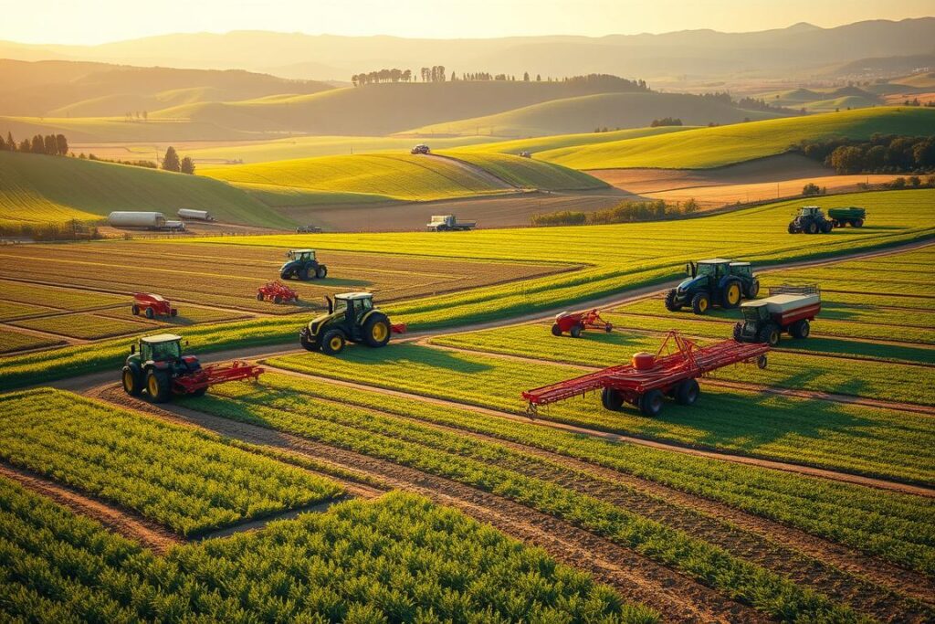 Expansive rural credit lines stretch across a lush agricultural landscape. A central focus on a variety of farm equipment, including tractors, plows, and irrigation systems, symbolizing the diverse financial options available to support modern farming. The scene is bathed in warm, golden lighting, conveying a sense of prosperity and productivity. In the background, rolling hills and verdant fields create a picturesque rural setting. The composition is balanced and visually appealing, drawing the viewer's attention to the core elements of the rural credit system. The image should evoke a sense of opportunity and progress within the agricultural sector.