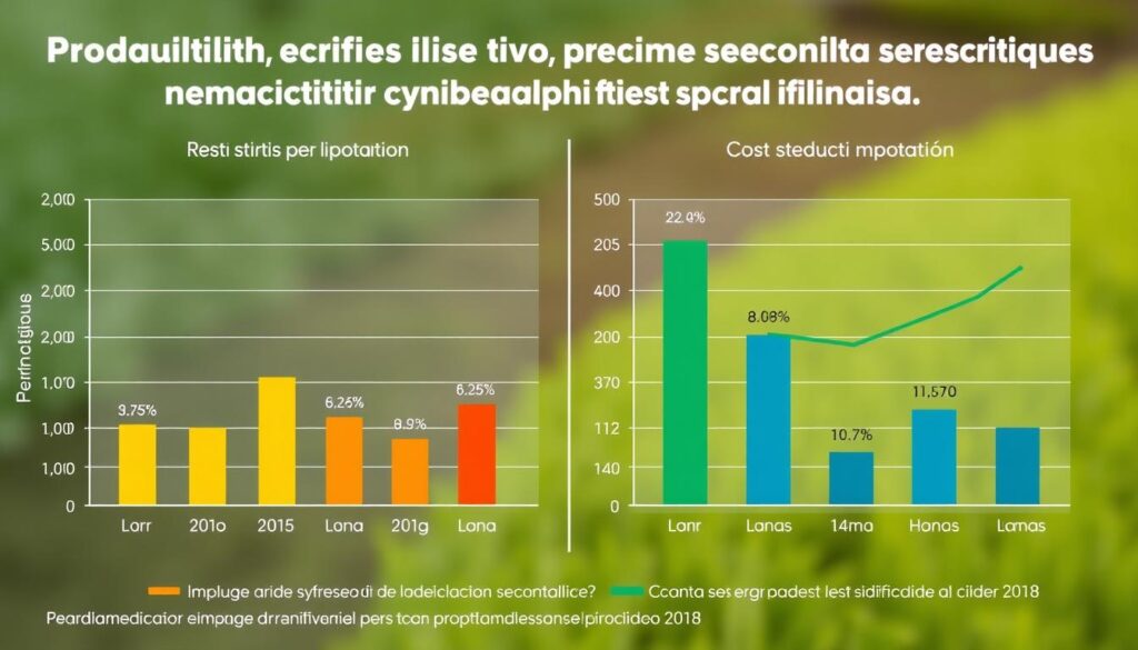 Gráfico comparativo mostrando aumento de produtividade e redução de custos com tecnologias modernas vs métodos tradicionais