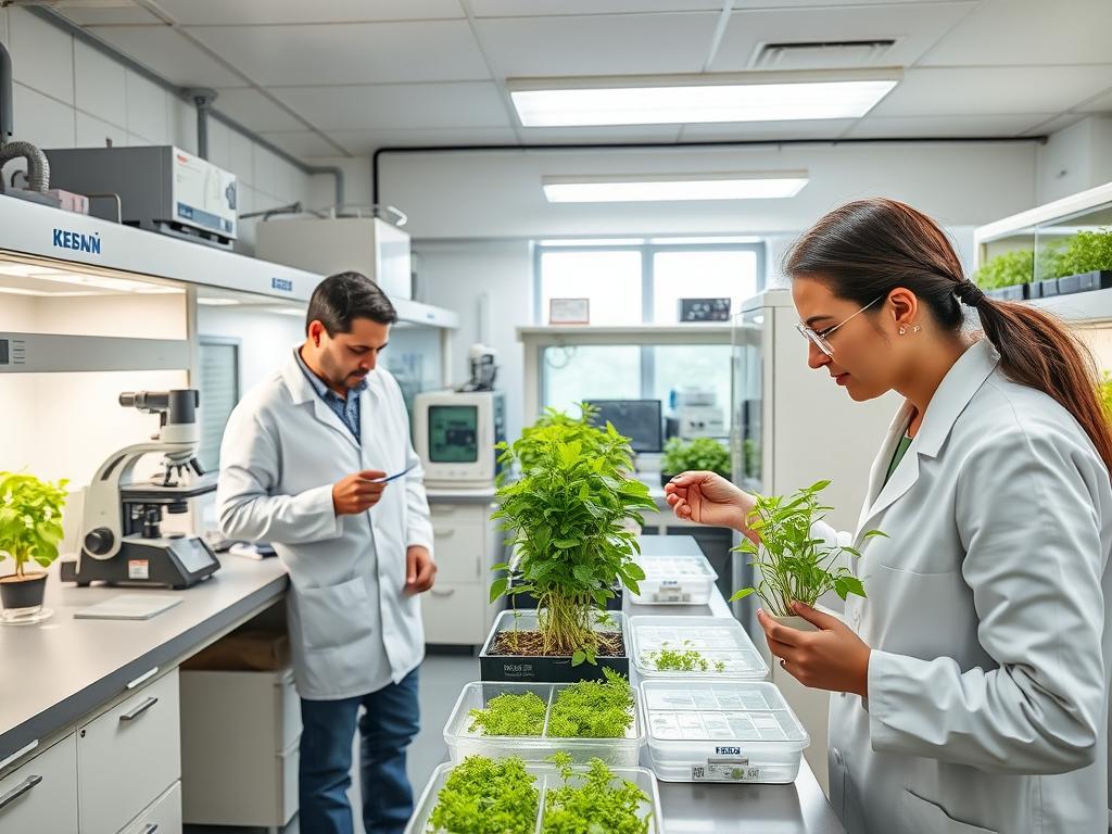Laboratório de biotecnologia agrícola com cientistas trabalhando no desenvolvimento de sementes melhoradas