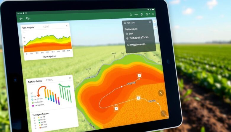Mapa digital de uma propriedade rural mostrando diferentes camadas de dados como análise de solo, produtividade e irrigação