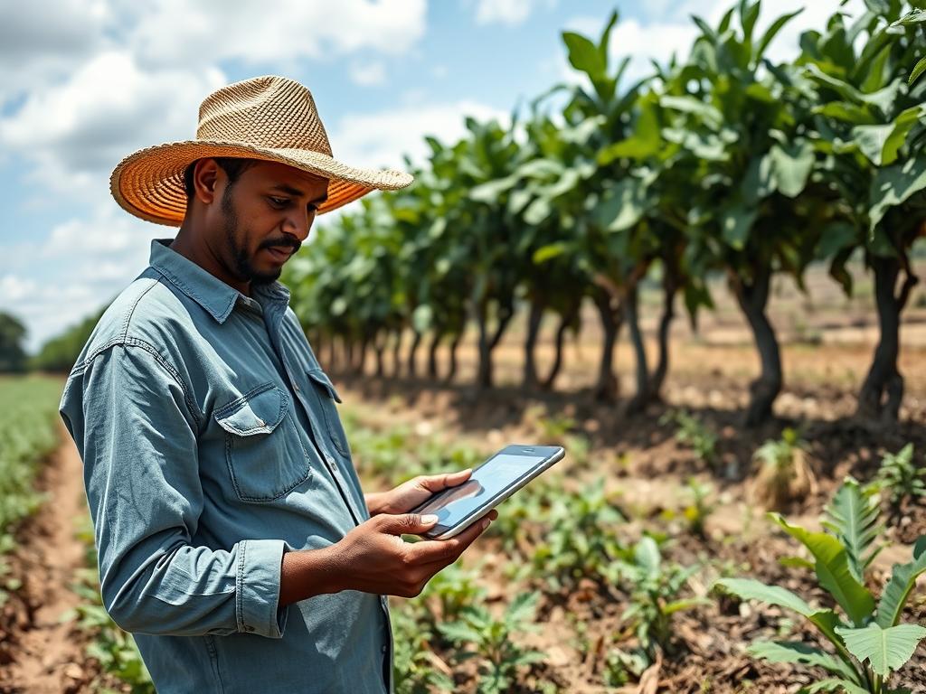 Produtor rural acessando sistema de licenças digitais em tablet na propriedade