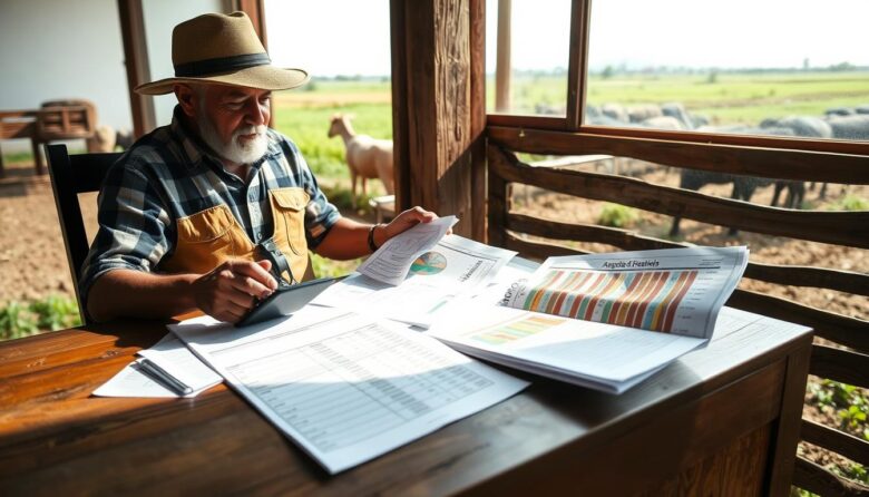 Produtor rural analisando planilha de custos para calcular preço mínimo rentável produto rural