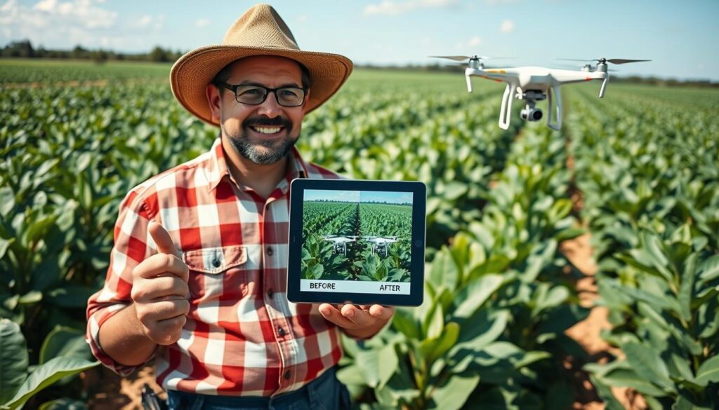 Produtor rural mostrando resultados positivos após aplicação de inseticida por drone em sua lavoura
