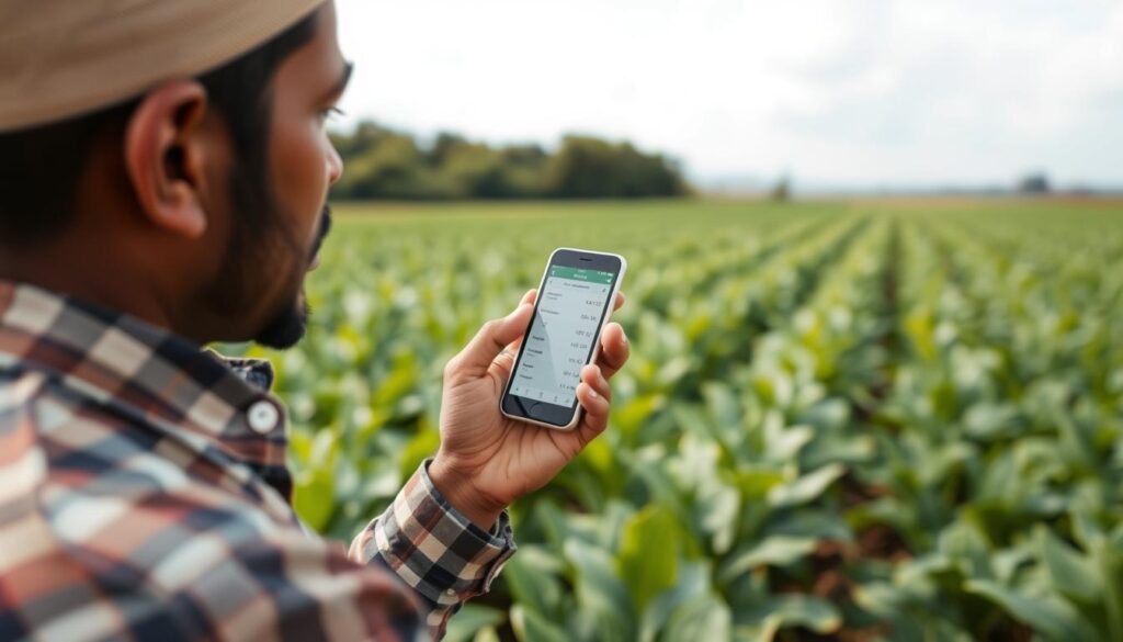 Produtor rural usando aplicativo no celular para calcular preço mínimo rentável produto rural