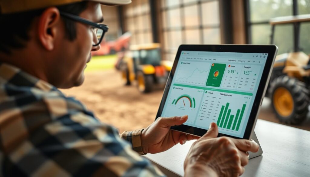Produtor rural utilizando software de gestão agrícola em tablet para controle de operações