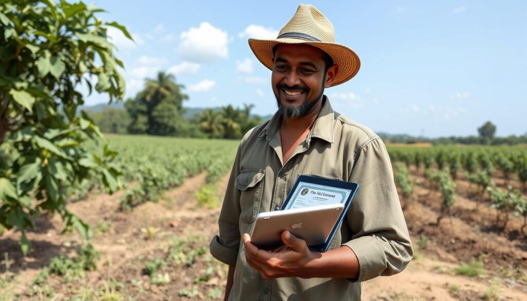 Produtor rural utilizando tablet para acessar licença digital em sua propriedade