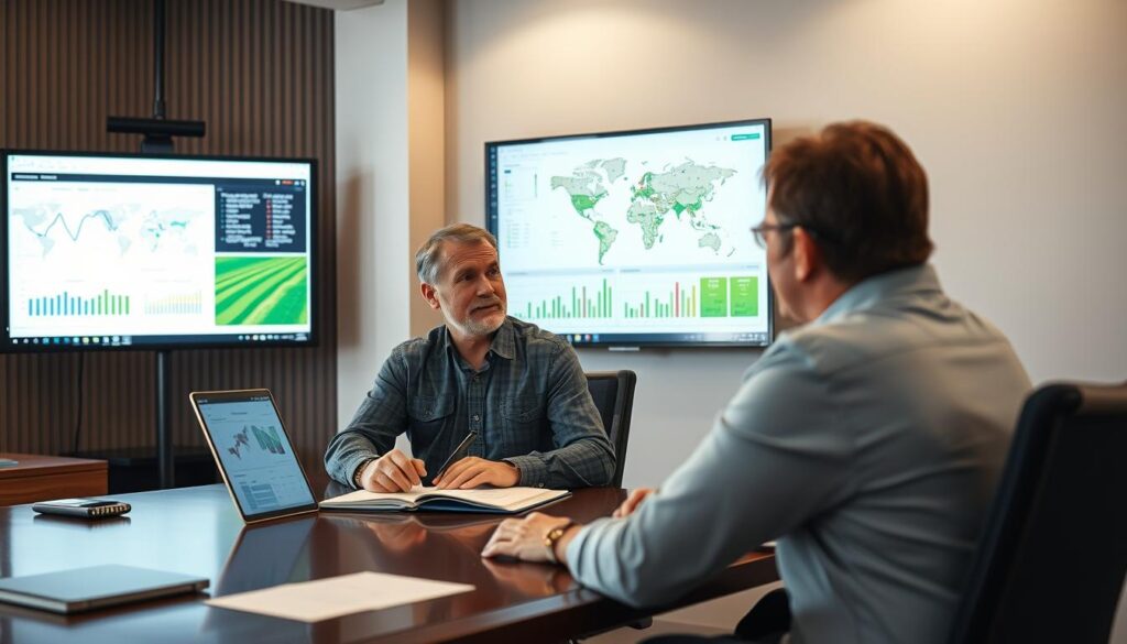 Reunião entre produtor rural e instituição financeira analisando dados para concessão de crédito rural
