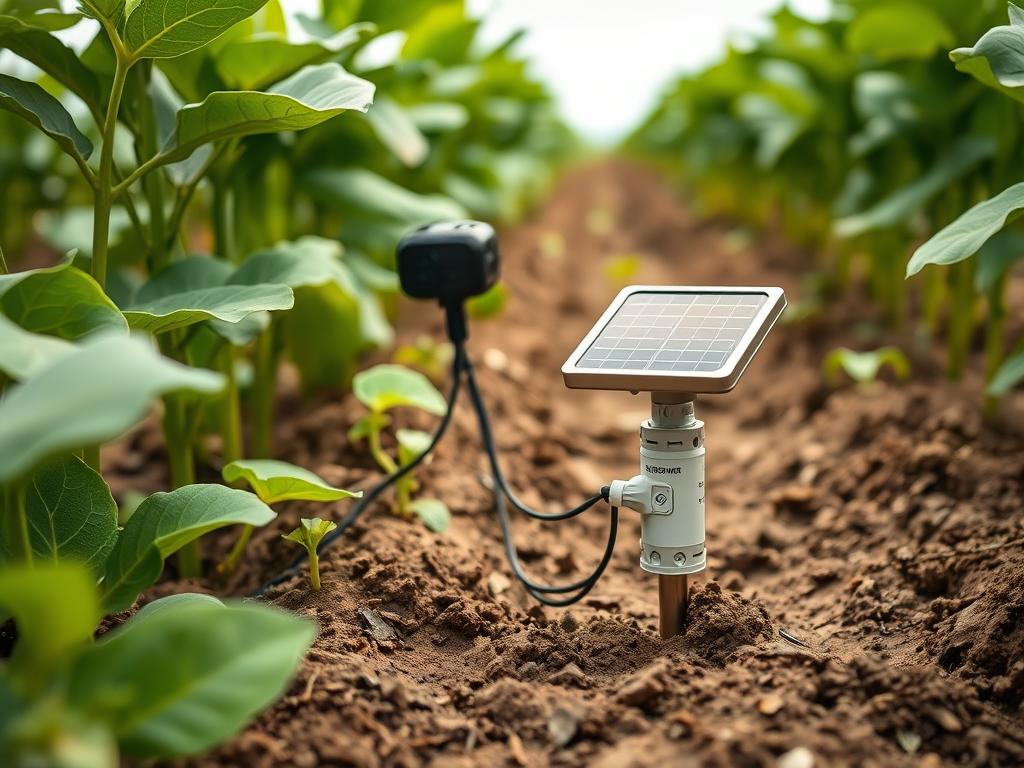 Sensores IoT instalados em uma plantação de soja monitorando umidade do solo e condições climáticas