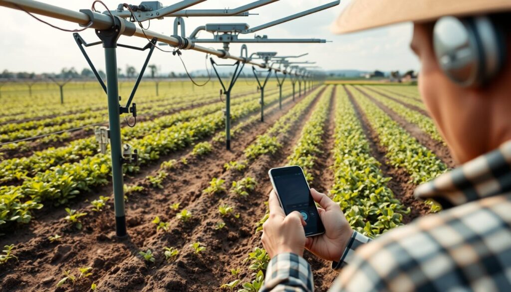 Sistema de irrigação automatizado em funcionamento em uma plantação com controle via smartphone
