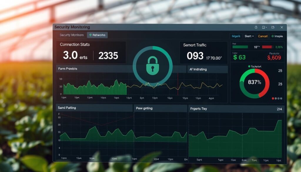 Sistema de monitoramento de segurança para dispositivos IoT agrícolas mostrando alertas e status de conexão