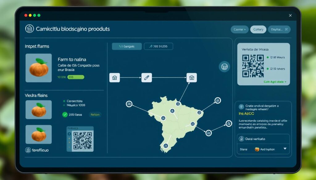 Sistema de rastreabilidade por blockchain mostrando o caminho do produto do campo ao consumidor