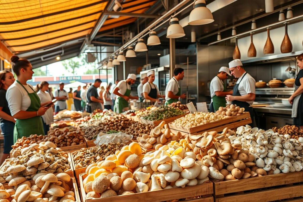 Strategies for mushroom commercialization: A bustling marketplace with an array of freshly harvested mushrooms, from earthy cremini to delicate oysters, arranged neatly in wooden crates. Vendors in aprons and chef's hats enthusiastically engage with customers, offering samples and sharing recipe ideas. Sunlight filters through the open-air stalls, casting a warm glow on the vibrant produce. In the background, a modern commercial kitchen where chefs meticulously prepare mushroom-based dishes, their aromas wafting through the air. A sense of community, quality, and culinary exploration pervades the scene, capturing the essence of successful mushroom marketing and sales.