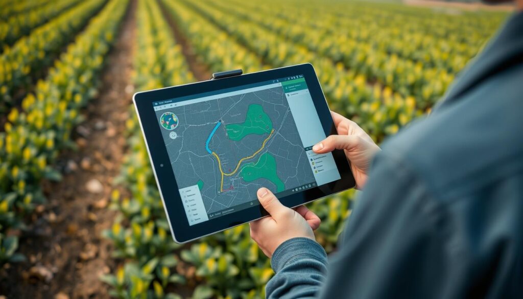 Técnico planejando rota de aplicação de inseticida por drone em tablet