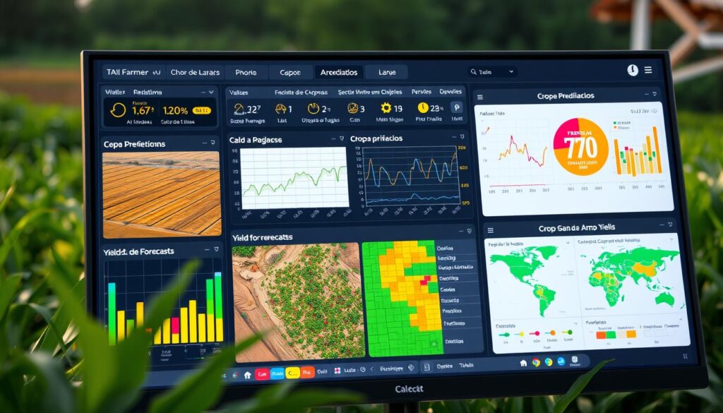 Tela de computador mostrando sistema de IA analisando dados agrícolas com gráficos e previsões