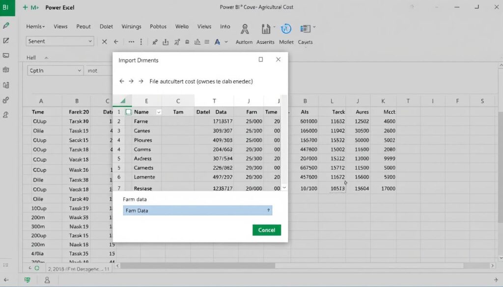 Tela de importação de dados no Power BI mostrando conexão com planilha de custos agrícolas