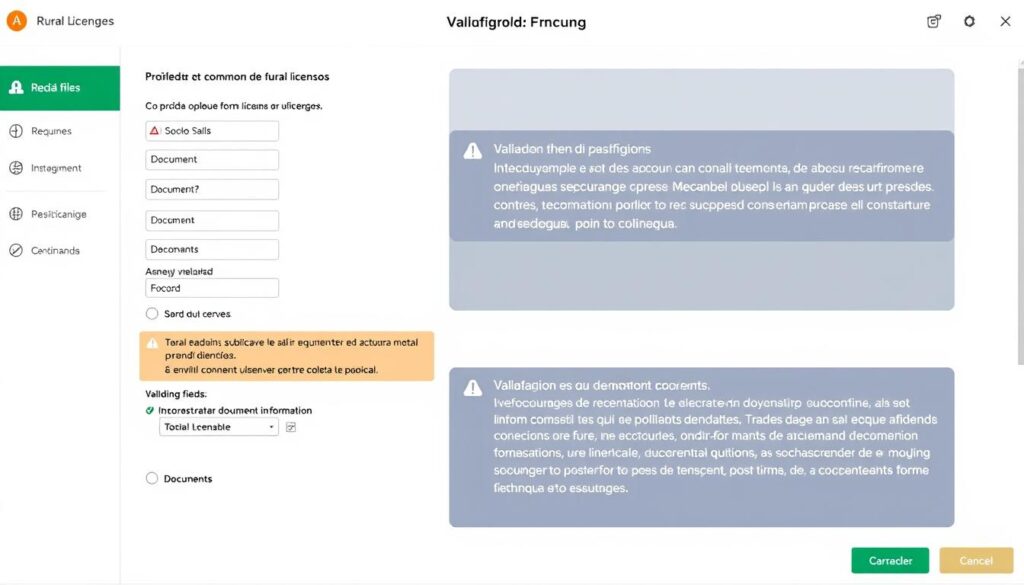 Tela de sistema mostrando erros comuns no preenchimento de formulários de licenciamento