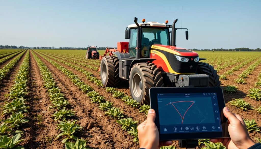 Trator autônomo realizando operação de plantio com alta precisão em uma fazenda brasileira
