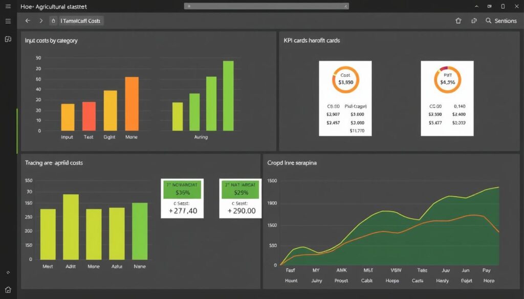 Visualizações de custos agrícolas no Power BI com gráficos de barras e indicadores