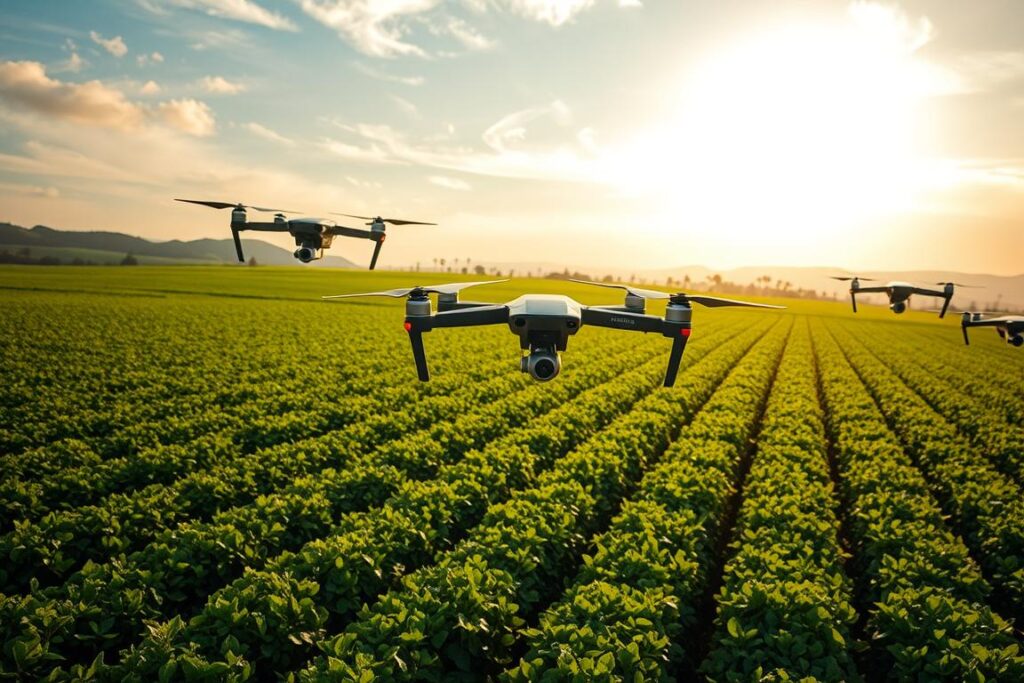 A birds-eye view of a lush, verdant agricultural field, with a flock of modern, sleek drones gracefully soaring overhead. The drones are equipped with high-resolution cameras and advanced sensors, capturing detailed aerial imagery and data to aid precision farming decisions. Sunlight filters through wispy clouds, casting a warm, natural glow across the scene. In the distance, rolling hills and scattered trees create a picturesque, tranquil backdrop. The drones' smooth, silent movements and the tranquil setting convey a sense of efficiency, innovation, and harmony between technology and the natural world.