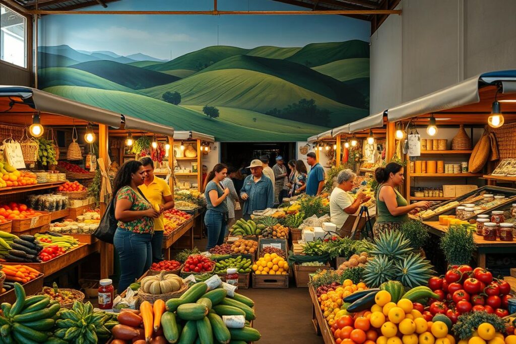 A bustling farmers market in a small Brazilian town, with tidy stalls displaying an array of fresh produce and handcrafted goods. In the foreground, a group of local farmers showcase their harvest, from vibrant fruits and vegetables to artisanal cheese and preserves. The middle ground features shoppers browsing the stalls, engaging with the producers and negotiating prices. In the background, a mural depicts the verdant landscapes of the region, hinting at the diverse agricultural potential. Warm, golden lighting casts a welcoming glow, capturing the spirit of community and entrepreneurship that fuels these small-scale marketing strategies.
