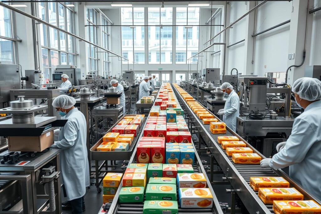 A bustling food production facility with rows of gleaming stainless-steel machinery and conveyor belts. In the foreground, workers in white coats and hairnets carefully monitor the assembly of packaged goods. The middle ground showcases colorful, expertly branded product packages moving along the lines. In the background, tall windows allow natural light to flood the space, creating a clean, efficient atmosphere. The lighting is soft and even, highlighting the precision and care taken in the processing of these high-quality, artisanal food products.