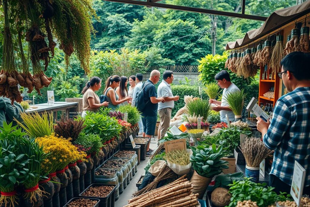 A bustling open-air market showcasing an abundant display of medicinal and aromatic plants. In the foreground, vendors offer an array of potted herbs, roots, and dried flowers, their vibrant colors and diverse textures inviting close inspection. In the middle ground, customers browse the stalls, examining the offerings and engaging in lively conversations with the knowledgeable sellers. The background is filled with lush greenery, perhaps a small garden or an urban park, creating a serene and natural setting for this thriving marketplace. Warm, diffused lighting casts a soft glow over the scene, accentuating the organic beauty of the plants and the interactions between the buyers and sellers. An atmosphere of community, tradition, and the sustainable commerce of natural remedies permeates the entire composition.